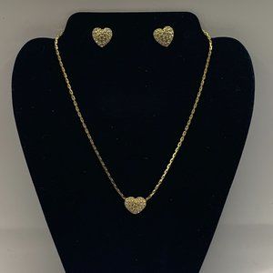 Swarovski Gold Tone Rhinestone Heart Necklace with Earrings Swan Stamped